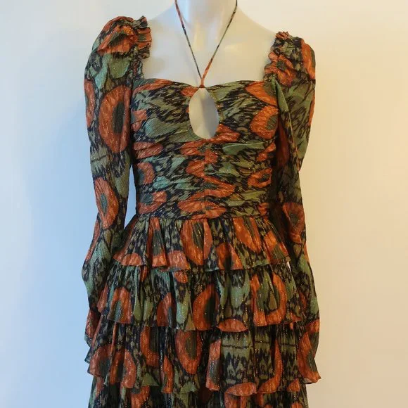 Womens Ulla Johnson Naiya Nocturne Black Green Gold Metallic Halter Dress 0 - Picture 5 of 16